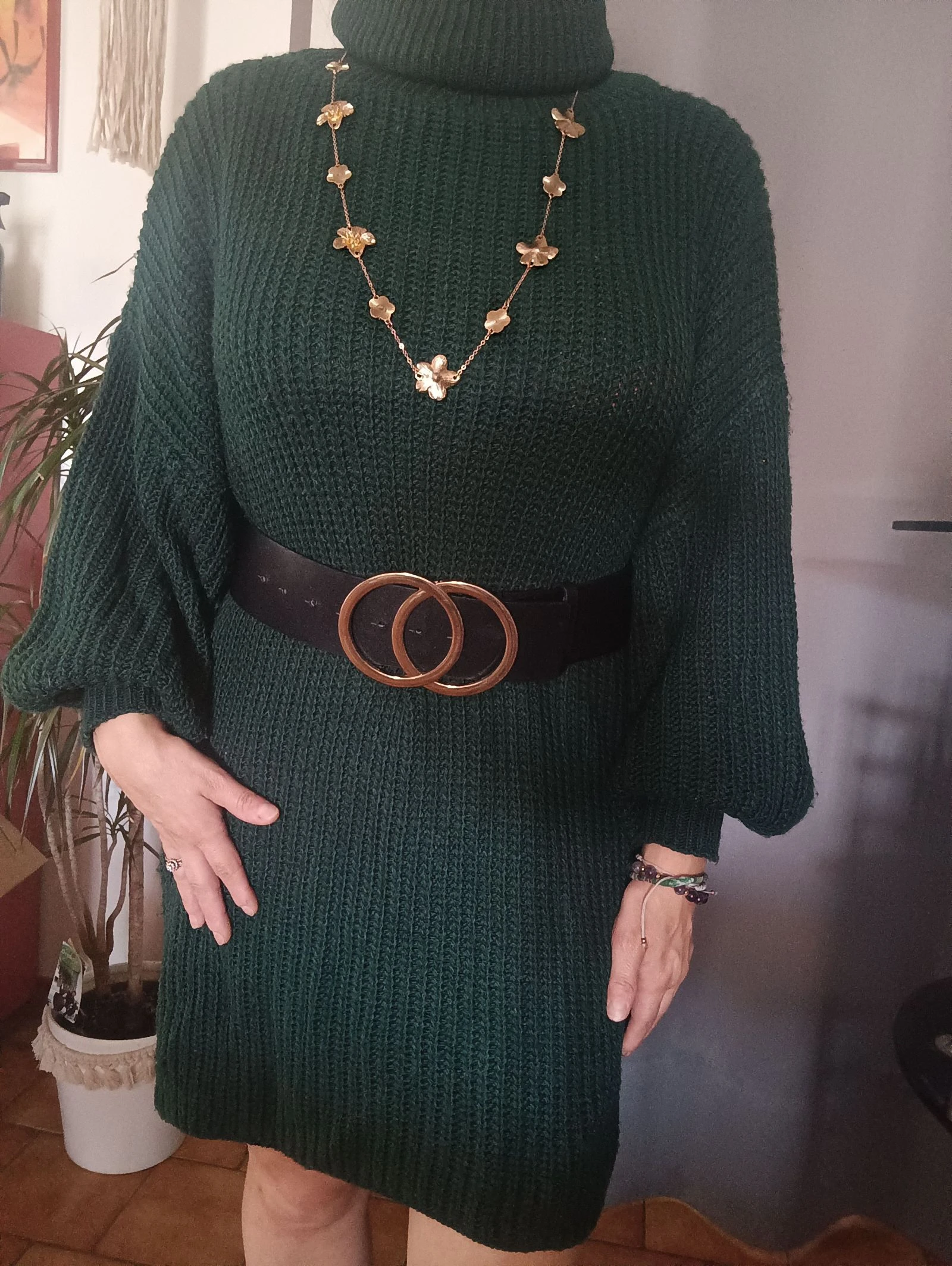 Robe pull col roule vert sapin maille épaisse -
Taille unique
